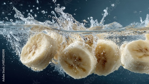 Sliced bananas splashing into water with a dramatic splash on a dark blue background