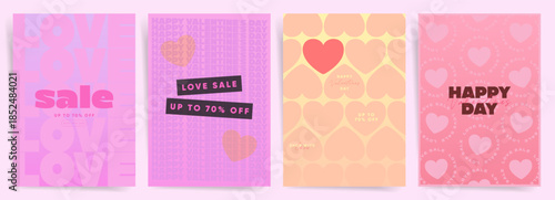 Set of Valentines Day love sale poster templates with gradient backgrounds, heart patterns, up to 70% off promotions, happy day texts in pink, purple, orange pastel colors for holiday cards, covers, 