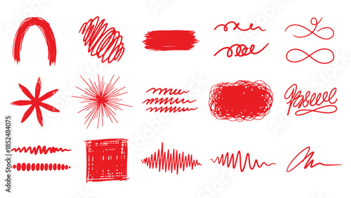 Red brush strokes and scribbles on white background