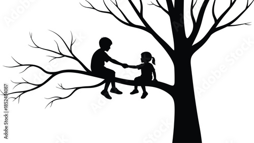 Vector Illustration of Boy and Girl Sitting on a Bare Branch and Holding Hands, Symbolizing Childhood, Friendship, Trust, Adventure, and Nature.