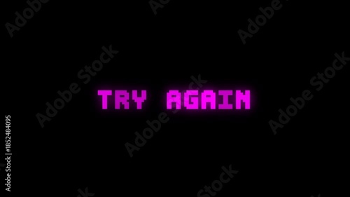 Try Again Text Animation with Purple Glow on Black Background, Retro Arcade Retry Screen