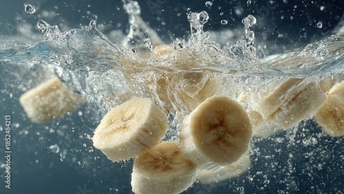 Sliced bananas splashing into water from above, creating ripples and droplets around them