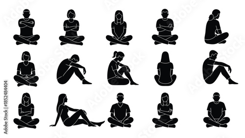 Black silhouettes of people sitting in various poses and emotions