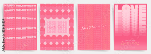 Love Valentines Day sale poster collection with pink heart patterns. Modern typographic banners and covers for love promotions, February 14 flyers, marketing campaigns and social media advertising.