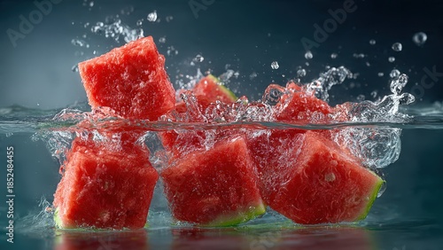 Fresh watermelon chunks splashing into a serene water body with vibrant red color and green rinds visible