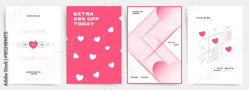 Modern Valentines Day poster templates with hearts, lines and abstract geometry. Minimal romantic covers for love sale, holiday flyers, creative banners and stylish promotional design layouts.
