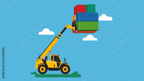 Telehandler forklift lifting colorful cargo containers against a blue sky with clouds, representing logistics and heavy machinery.