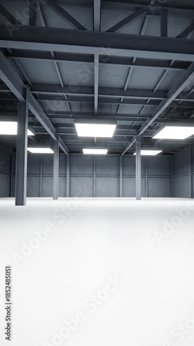 An open-plan, empty warehouse space with exposed beams and recessed lighting