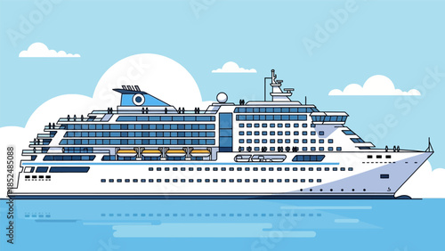Large passenger cruise ship sailing on the ocean under a blue sky with clouds.