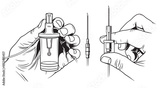 Vector illustration set showing hands preparing medical syringes for vaccination and pharmaceutical drug injection