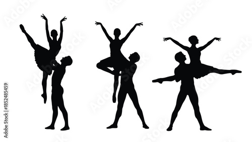 Ballet dancers in various poses, black silhouettes on white background