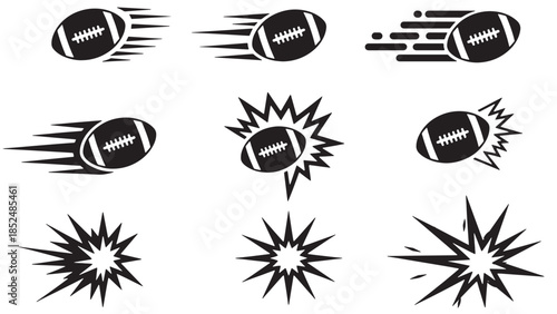 Vector graphic set of flying footballs and soccer balls with various dynamic speed and impact effects