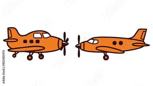 Two orange cartoon airplanes with propellers on white background