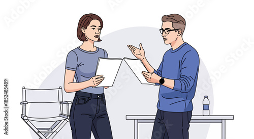 Creative Team Meeting Director Explaining Vision to Actress During Rehearsal or Audition