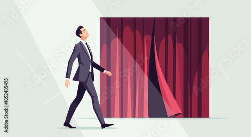 Businessman Stepping Through Opening Red Stage Curtain Towards Opportunity and Success