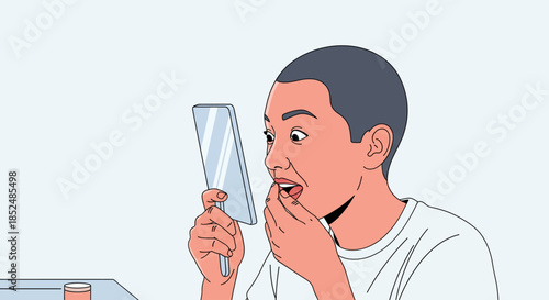 Surprised Young Man Checking Teeth in Hand Mirror for Dental Issues or Oral Hygiene