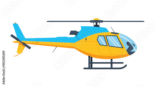 Modern yellow and blue helicopter isolated on a white background, side view of a small private chopper.