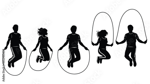 Silhouettes of people jumping rope in various poses and movements
