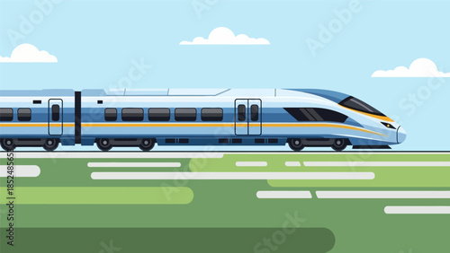 Modern high-speed train traveling across a green landscape under a blue sky with clouds, flat illustration.