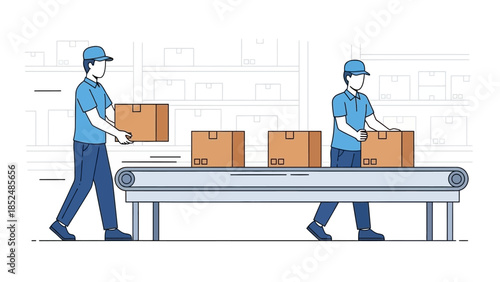 Warehouse workers sorting packages on a conveyor belt, illustrating efficient logistics and delivery processes.