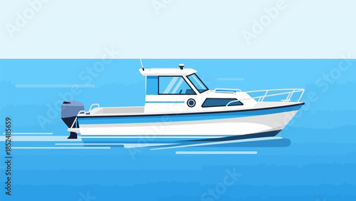 Modern motorboat cruising on the open blue water, a graphic illustration of marine transport.