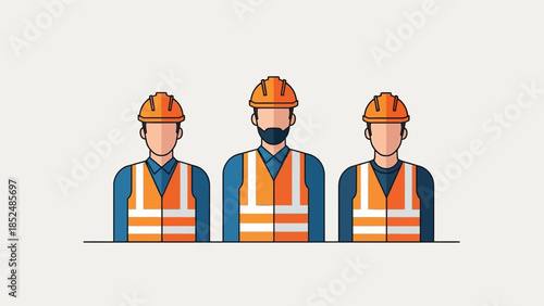 Group of three construction workers wearing safety helmets and reflective vests, standing together in a line.