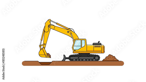 Heavy yellow excavator digging a trench in the ground with a pile of dirt next to it, on a white background.