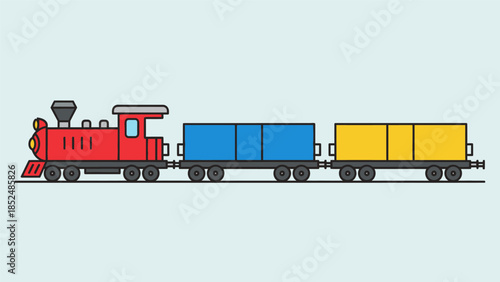 Red cartoon toy train with blue and yellow wagons on a light blue background, simple flat illustration.