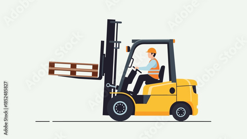 Industrial forklift truck with driver carrying wooden pallet, warehouse logistics illustration.