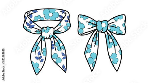 Blue and white floral patterned necktie and bowtie illustrations