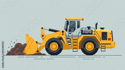 Heavy construction machinery front loader moving earth, industrial vehicle for building and road works.