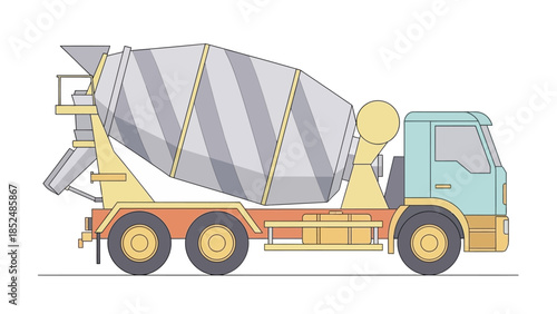 Concrete mixer truck, construction vehicle, cement mixer, building equipment, heavy machinery, industrial transport, flat illustration.