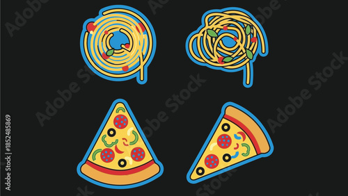 Colorful Italian food stickers of pizza and spaghetti on black background