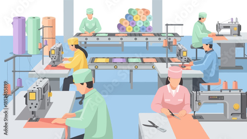 Textile factory workers sewing clothes on production line in manufacturing industry.