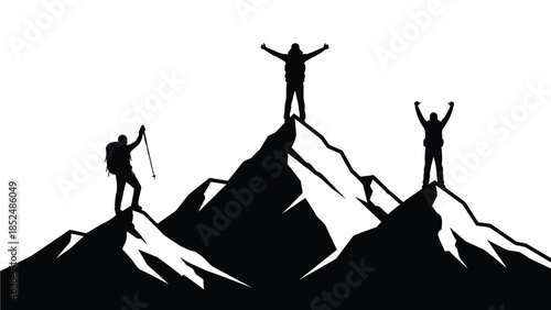 Silhouette of three hikers celebrating on mountain peaks with arms raised