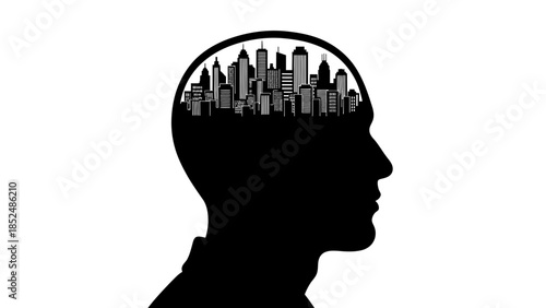 Silhouette of a man's head filled with a cityscape, symbolizing urban thoughts and city life.