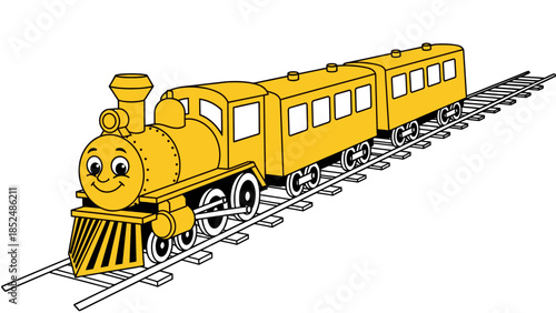 Cheerful yellow cartoon train chugging along railroad tracks on a bright day