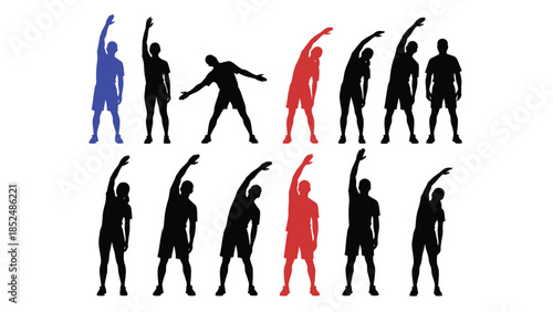 Dynamic silhouettes of people stretching and exercising, showcasing fitness and movement.