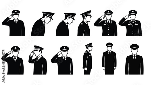 Military Officer Saluting Positions Silhouette Vector Illustration Set