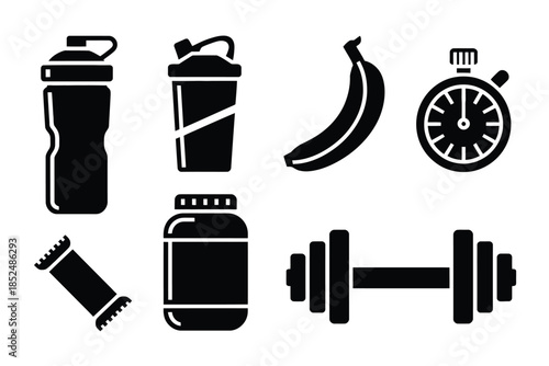 Fitness and nutrition icons represent healthy lifestyle and workout.