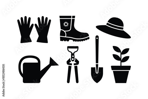 A collection of gardening tools and accessories is arranged on a white background.