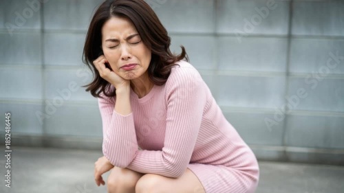 屋外でしゃがんで目を閉じ風を感じるようなミセスのポートレート