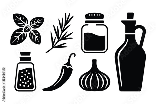 A collection of culinary ingredients includes herbs, spices, garlic, and oil.