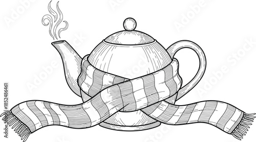 Hot teapot wrapped in a cozy scarf with steam rising from the spout illustration