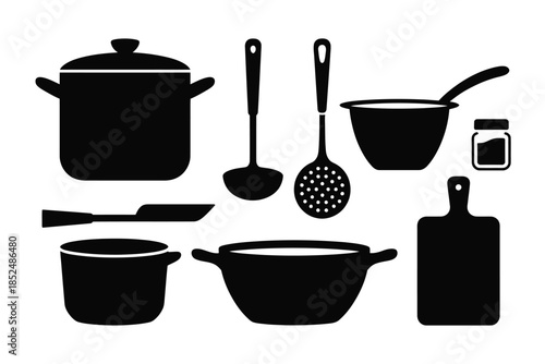A collection of kitchen utensils and cookware is depicted in silhouette.
