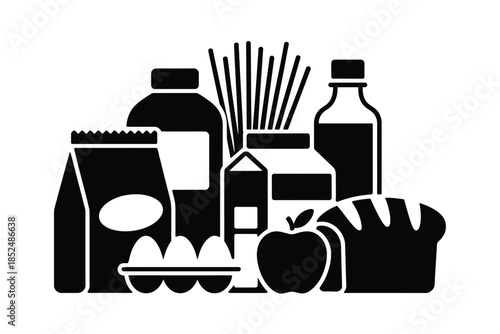 A collection of various grocery items is depicted in a stylized graphic.