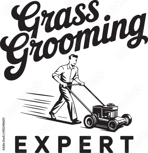 Grass grooming expert lawn care design with man and lawnmower vector art