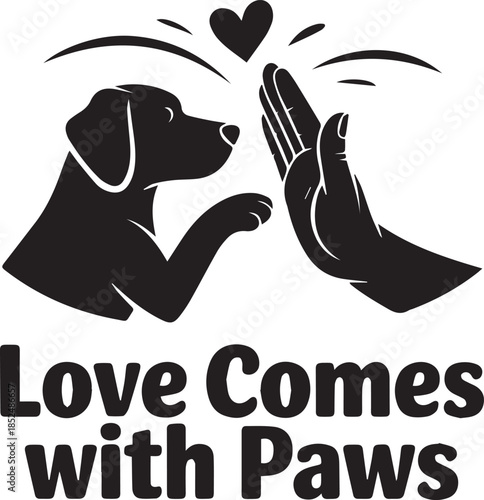 Love comes with paws pet care design with dog and hand vector illustration