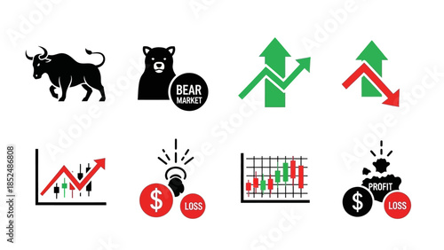Financial market icon set featuring bull market icon, bear market icon, upward trend arrow, downward trend arrow, stock chart, profit and loss symbols