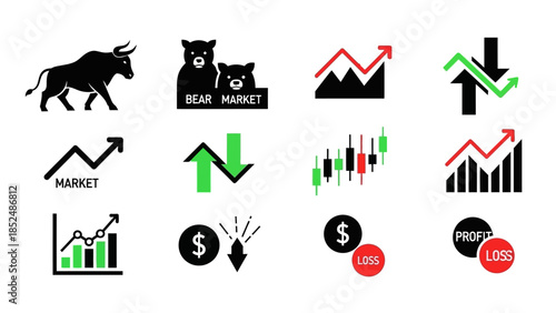 Financial market icon set featuring bull market icon, bear market icon, upward trend arrow, downward trend arrow, stock chart, profit and loss symbols